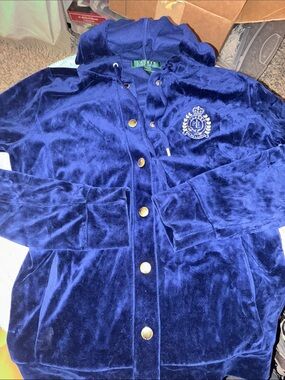 Ralph Lauren Royal Blue Velvet Hoodie Jacket with Crest